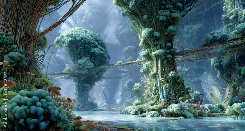 Poster a bioengineer works in a futuristic landscape where artificial biotissue enhances the environment.