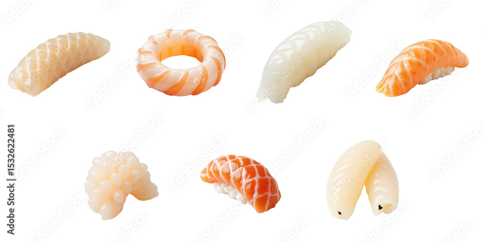 Aufkleber various types of nigiri sushi displayed on a transparent background featuring different fish and ric