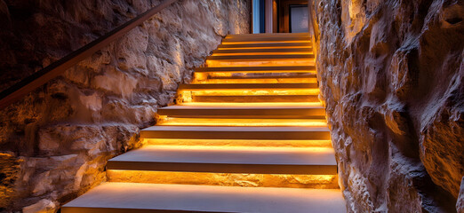 Fototapeta premium Stunning textured staircase with warm lighting and rustic wall design