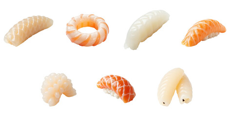 various types of nigiri sushi displayed on a transparent background featuring different fish and rice combinations in high resolution with sharp details and distinct shapes