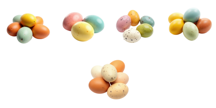 Colorful dyed quail eggs arranged in clusters isolated on transparent background showcasing various pastel shades and speckled patterns.