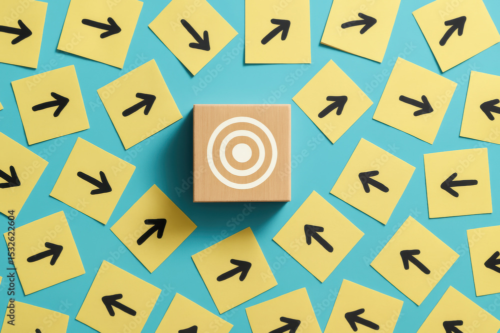 Poster focus and alignment drive successful outcomes symbolized by a central target surrounded by convergin