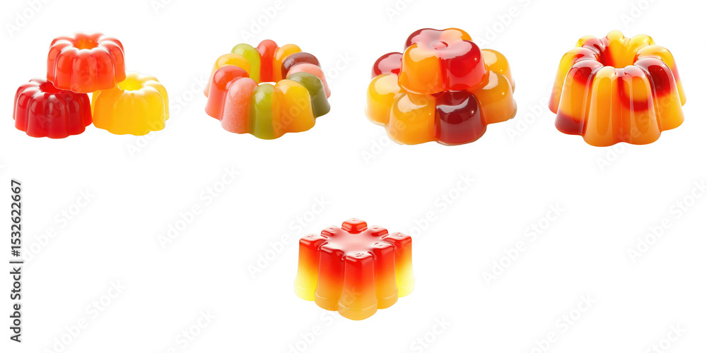 Poster assorted colorful fruit jelly desserts in various shapes arranged on a transparent background with a