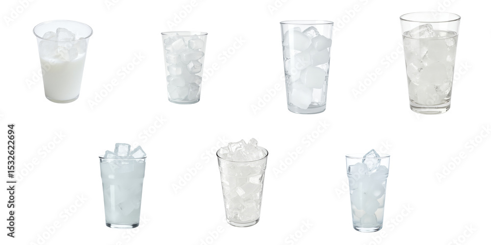 Poster assorted plastic and glass cups filled with ice cubes isolated on a transparent background displayin