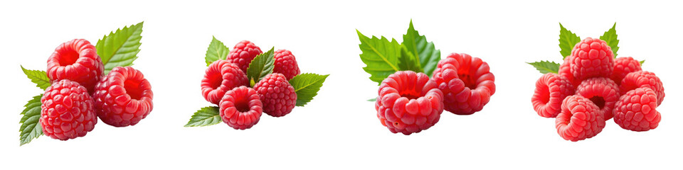 Collection of fresh red raspberries with vibrant green leaves isolated on transparent background showcasing different arrangements and angles of berries.