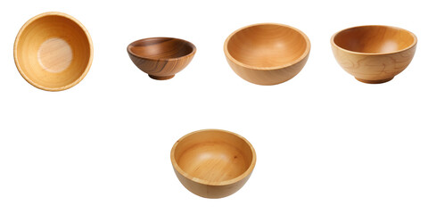 Collection of five empty wooden bowls in various shapes and sizes, isolated on a transparent background for versatility in design use.