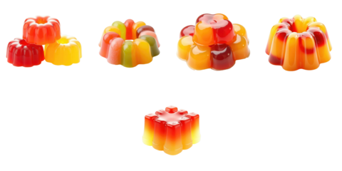 Assorted colorful fruit jelly desserts in various shapes arranged on a transparent background with a transparent backdrop.