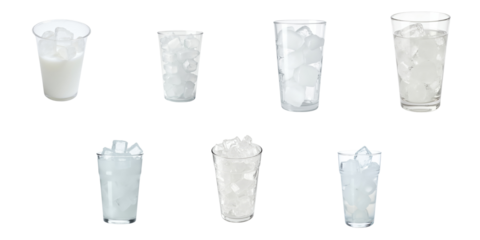 Assorted plastic and glass cups filled with ice cubes isolated on a transparent background displaying various shapes and sizes of ice in different vessels