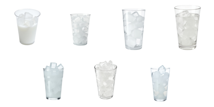 Assorted plastic and glass cups filled with ice cubes isolated on a transparent background displaying various shapes and sizes of ice in different vessels