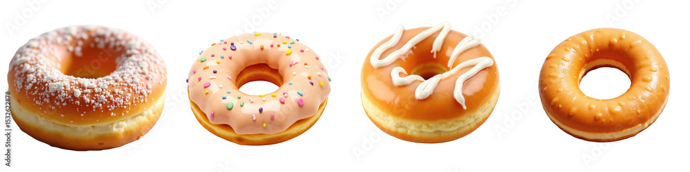Poster assorted collection of four different donuts including flavored frostings and toppings, isolated on 