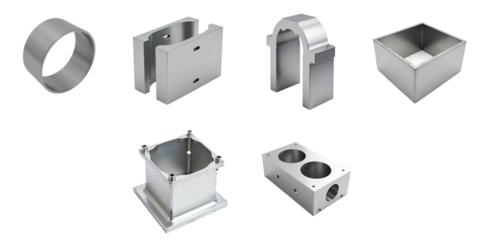 Various steel molds for construction displayed on a transparent background showcasing diverse shapes including circular, rectangular, and specialized designs for precise fabrication.