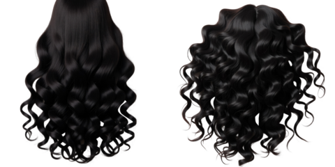 Curly and wavy transparent hair extensions displayed side by side on transparent background showcasing texture and volume for hair styling options