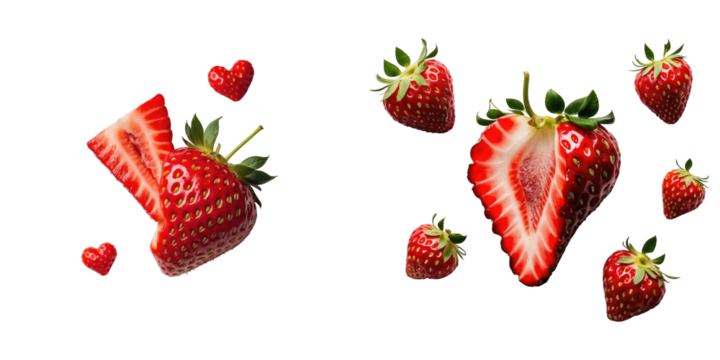 Freshly cut strawberries with heart-shaped designs isolated on a transparent background, depicting a sweet and delicious concept of fruit enjoyment.