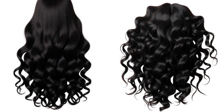 Curly and wavy transparent hair extensions displayed side by side on transparent background showcasing texture and volume for hair styling options