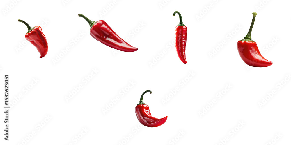 Poster group of red chili peppers arranged at different angles isolated on a transparent background highlig
