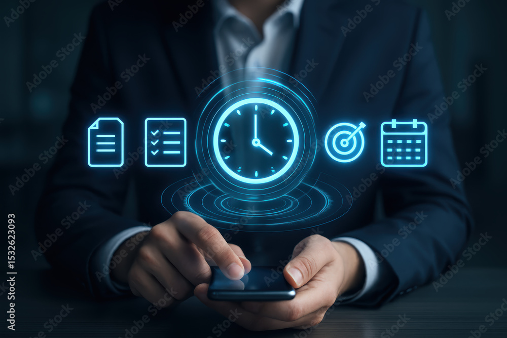 Poster a businessman in a dark suit uses a smartphone to manage productivity by tracking time and setting c