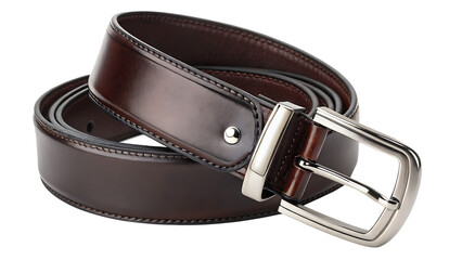  Leather belt with silver buckle isolated on white background PNG. AI GENERATED