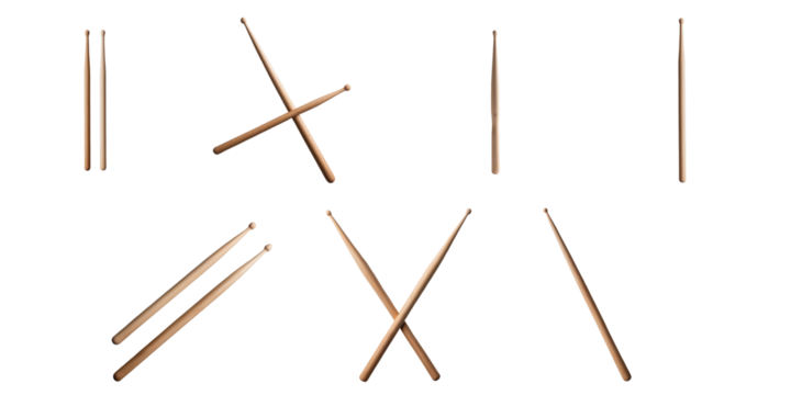 Wooden drumsticks arranged in various positions on a transparent background, showcasing different angles and orientations of the percussion instrument for drum playing.