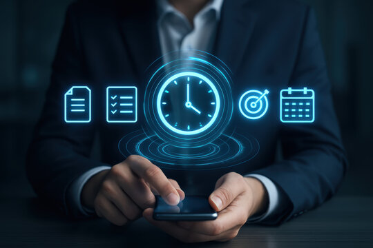 A businessman in a dark suit uses a smartphone to manage productivity by tracking time and setting clear targets