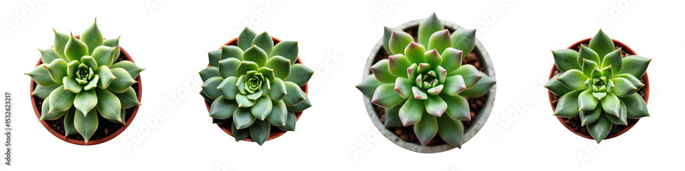 Poster top view of multiple potted crassula succulents arranged in a row showcasing different sizes and sha