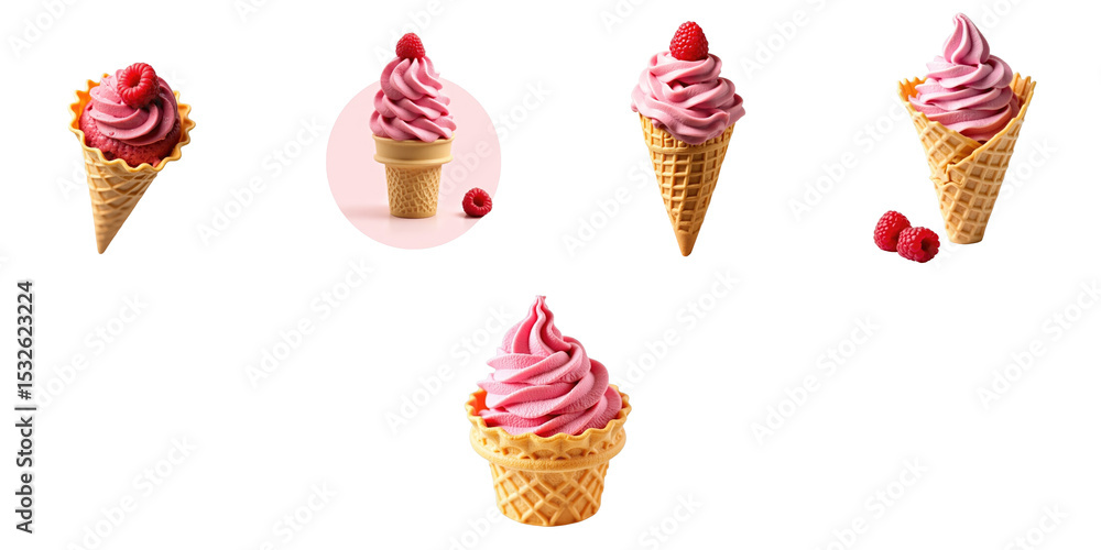Aufkleber raspberry flavored soft serve ice cream in waffle cones with fresh raspberries on a transparent back
