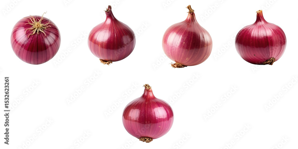 Aufkleber macro shot of five isolated red onion bulbs on a transparent background showcasing their vivid color