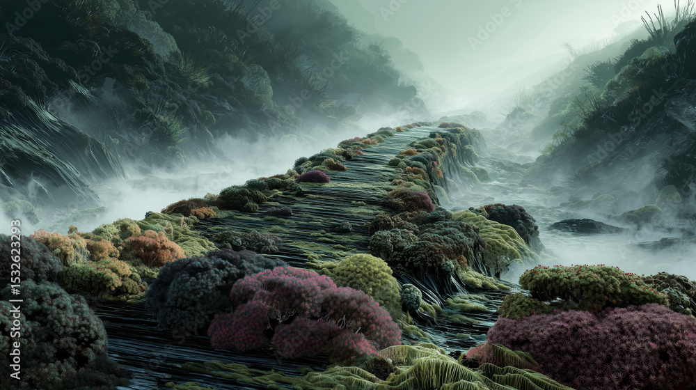 Poster a bioengineer explores a surreal landscape filled with vibrant biotissue formations.
