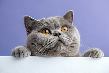 Curious grey british shorthair cat looking up