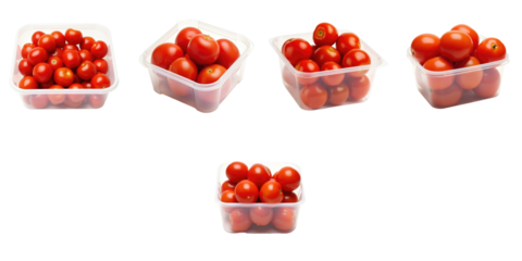 Multiple clear plastic containers filled with ripe cherry tomatoes arranged on a dark background isolated from any other elements