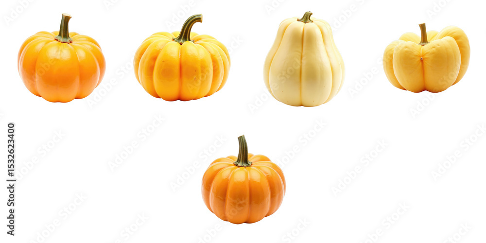 Poster collection of assorted pumpkins including different shapes and colors isolated on a transparent back