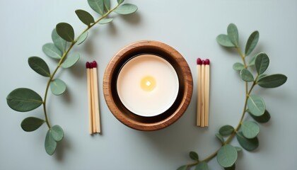 A small wooden bowl with a candle and matches surrounded by eucalyptus leaves on a light blue background