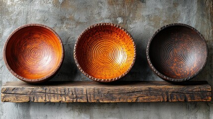 Three handcrafted wooden bowls displayed on a rustic shelf.