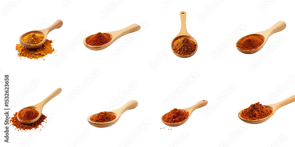 Poster assorted spices in wooden spoons arranged on transparent background eight different varieties of gro