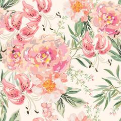 Pink peonies, lily flowers, green leaves, blush background. Floral illustration. Vector seamless pattern. Botanical design. Nature garden. Summer plants
