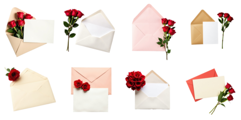 Flat lay arrangement of assorted envelopes with blank paper and red rose bouquets on a transparent background illustrating themes of communication and affection
