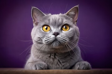 Portrait of a gray british shorthair cat with yellow eyes