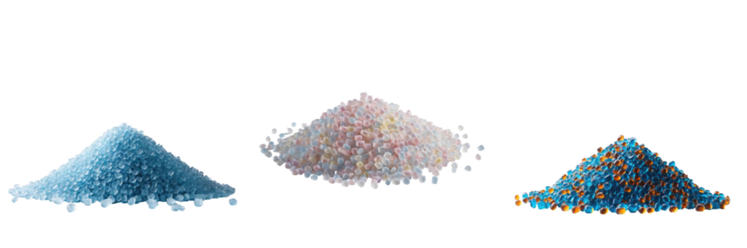 Polymer masterbatch granules in three distinct colors arranged in piles on a transparent background suitable for industrial and manufacturing graphics or product displays