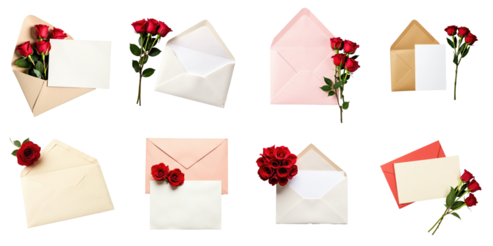 Flat lay arrangement of assorted envelopes with blank paper and red rose bouquets on a transparent background illustrating themes of communication and affection