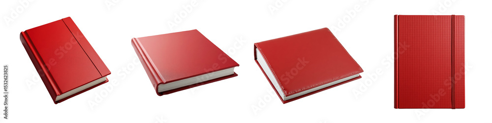 Poster red leather photobook with textured cover displayed from multiple angles on a transparent background