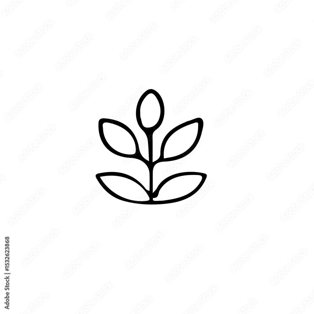 Poster a simple line drawing of a plant with five leaves arranged symmetrically on a central stem design