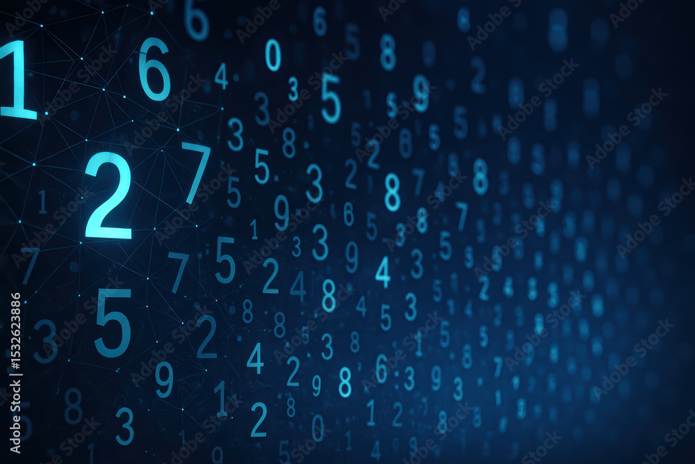 Poster data and analysis are represented by clusters vibrant cyan digits varying in size and opacity symbol