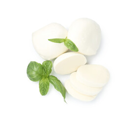 Pieces of mozzarella cheese and basil isolated on white, top view
