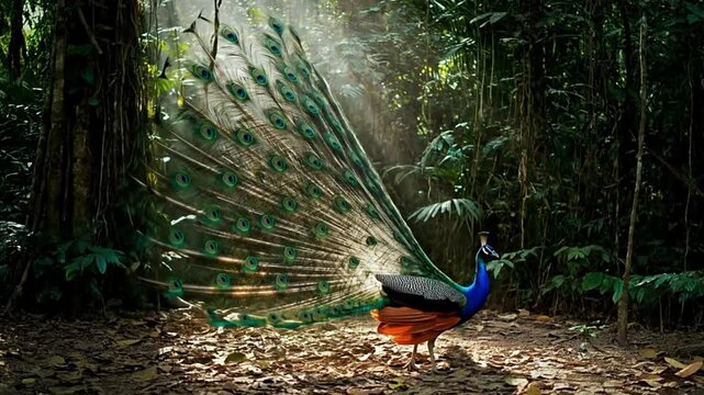 A beautiful peacock is standing in a forest. The peacock is surrounded by green leaves and trees