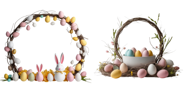 Easter decorations featuring colorful eggs and bunny figures arranged in a wreath and basket isolated on a transparent background for festive design purposes