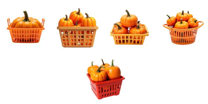 Collection of ripe orange pumpkins displayed in various shopping baskets isolated on a transparent background showcasing diverse shapes and sizes.
