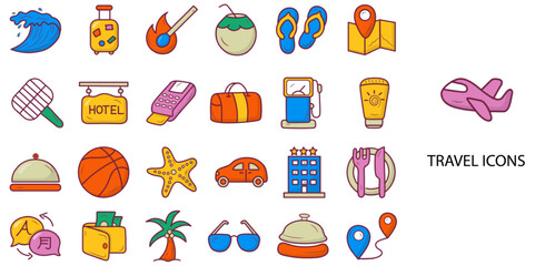 Travel simple concept 24 hand drawn color icons set .Vector illustration.