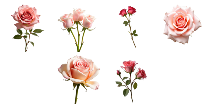 variety of dry roses in different arrangements and colors completely isolated on transparent background with transparent edges for seamless integration
