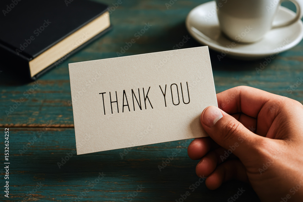 Poster gratitude and appreciation are conveyed through a holding a minimalistic card with a simple message 