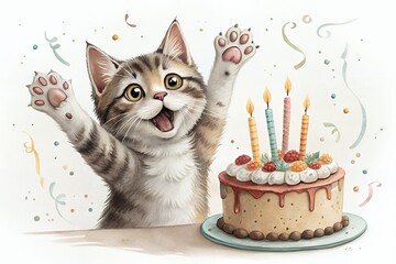 Happy birthday kitten with delicious cake and confetti