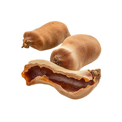 Fresh Tamarind Pods, Open and Whole, Isolated on Black Background